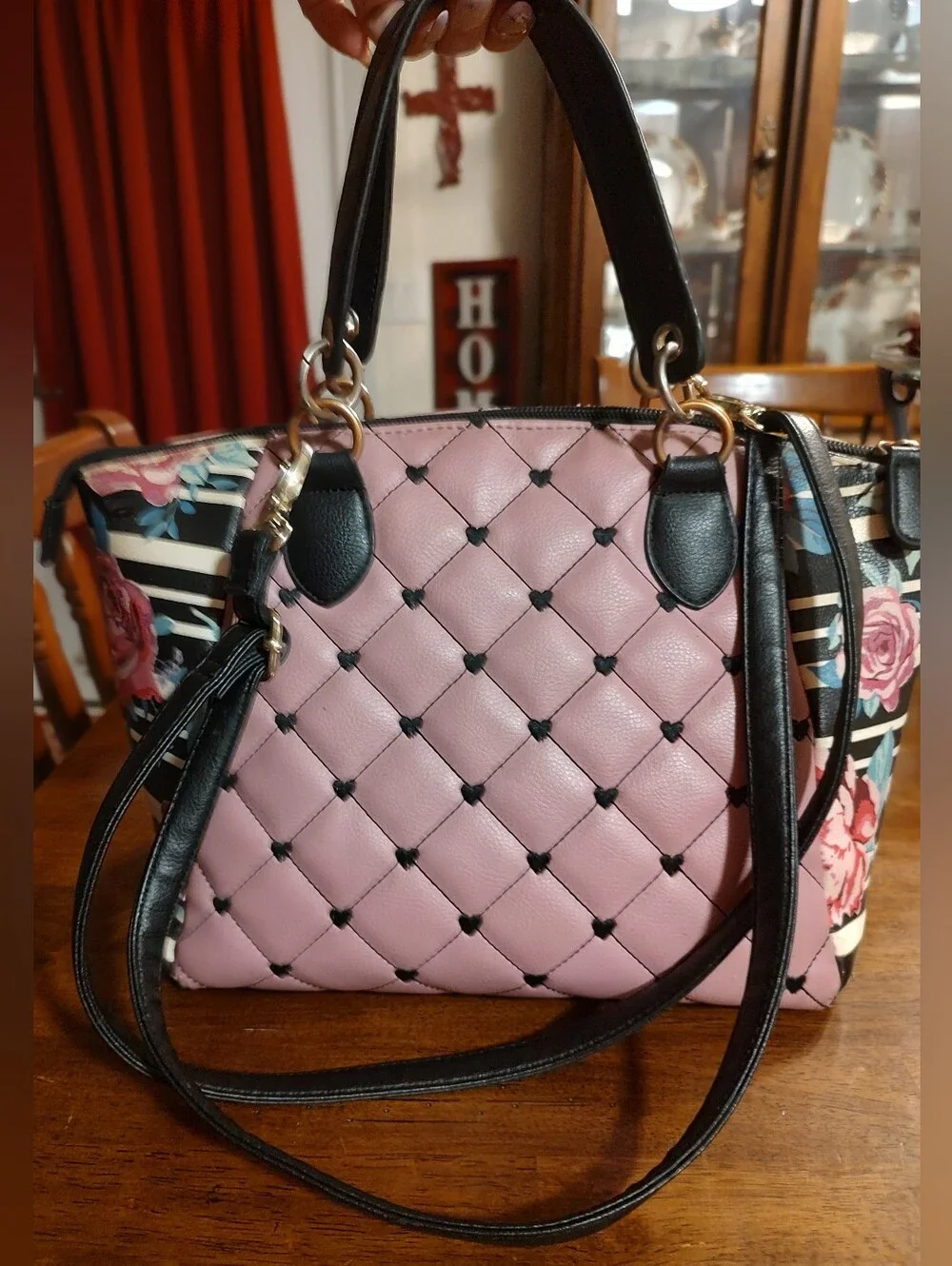 Betsey Johnson Pink Quilted Satchel with Floral & Stripes